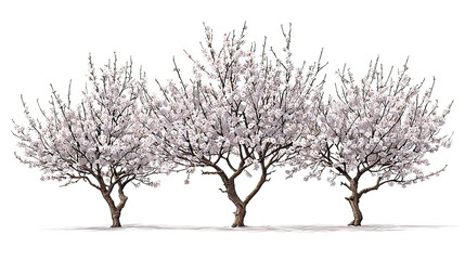 Fototapeta premium Three winter almond trees with soft blossoms aligned side by side on transparent background