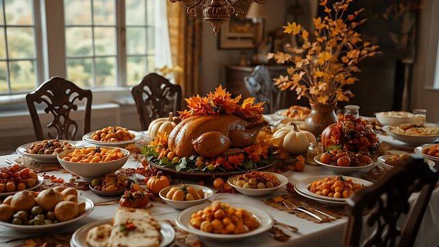 Exquisite thanksgiving dinner table setting with roasted turkey and autumnal decorations