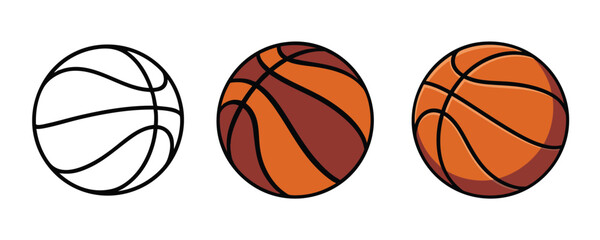 Set of Basketball Icons in Outline and Color Styles, Three Styles of a Classic Orange Basketball, Basketball Illustration Collection: Line Art and Colored Version, silhouette, illustration, vector.