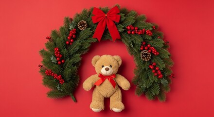 Christmas Teddy Bear with Festive Wreath on Red Background