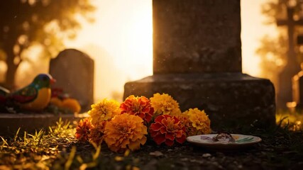 Flowers and Offering at Gravestone in cemetery at dawn - Powered by Adobe