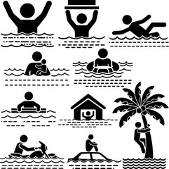 Water Safety, Disaster and Survival Pictogram Set