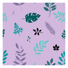 Seamless Pattern of Tropical and Minimalist Leaves on Purple Background