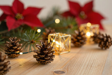 Cozy Christmas holiday scene with illuminated pinecones, warm string lights, and festive poinsettia flowers on a rustic wooden table, creating a cheerful winter ambiance