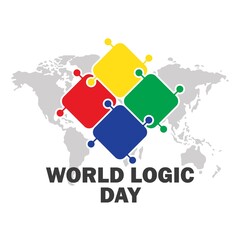 Obraz premium World Logic Day Global Connection: An Iconic Graphic with Four Interlocking, Primary-Colored Puzzle Pieces Set Against a Muted World Map, Symbolizing Universal Reasoning and Problem-Solving