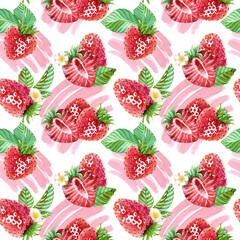 Elegant seamless pattern featuring red strawberries, green leaves, and small white flower. Juicy, ripe berries form endless pattern against background of abstract pink spots. Watercolor illustration