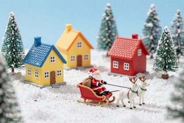 Whimsical holiday panorama showcasing Santa Claus and his reindeer delivering joy across a snowy miniature town, nestled among festive evergreen trees and vibrant houses