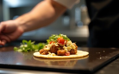 Crop chef preparing delicious taco on griddle at work. High quality