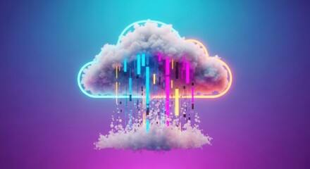 Cloud computing data transfer with vibrant neon streams and digital information