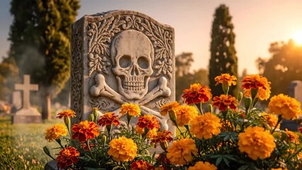 Flowers and tombstone in peaceful cemetery garden landscape