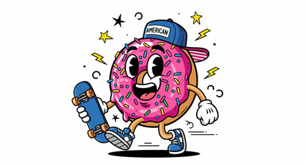 Cool cartoon donut character walking with a blue skateboard.