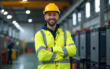 Smiling engineer wearing reflective clothing working in modern factory. High quality