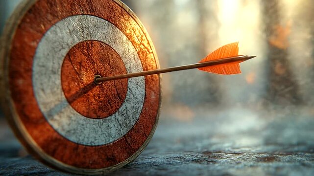 Arrow striking a weathered target in serene forest