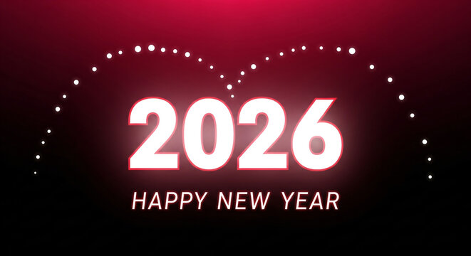 Illuminated Happy New Year 2026 text with light particles on a vibrant purple background celebration