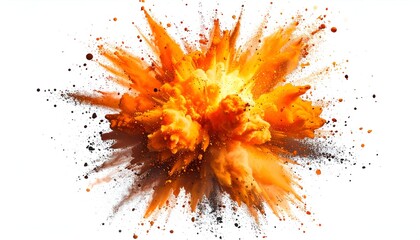 Vibrant, explosive orange and yellow cloud of particles bursting outward on white