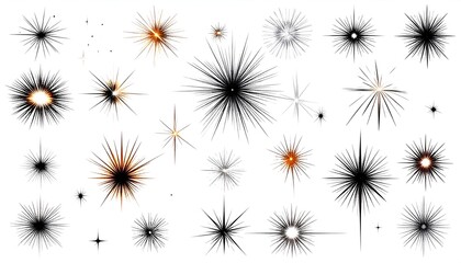 Collection of stylized starbursts and light bursts on a white background