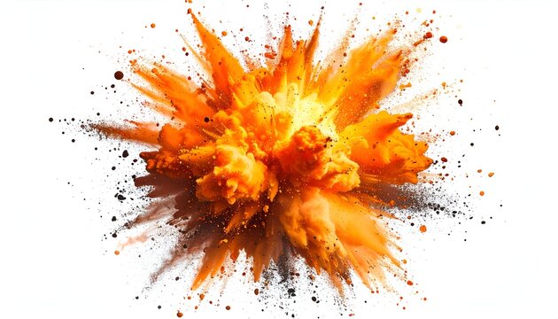 Vibrant, explosive orange and yellow cloud of particles bursting outward on white - Powered by Adobe