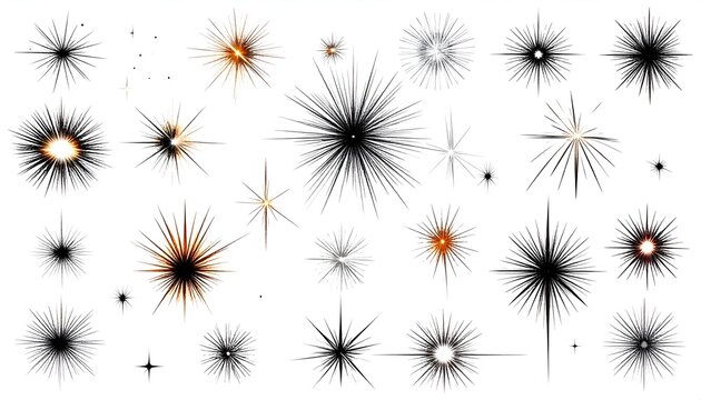 Collection of stylized starbursts and light bursts on a white background