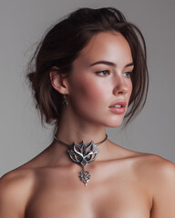 Elegant Woman Showcasing Intricate Silver Lotus Choker Necklace