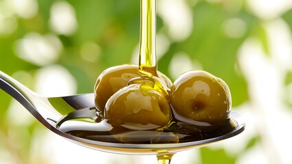Green olives on a spoon drizzled with olive oil closeup shot