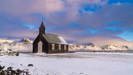 church building in iceland snow
