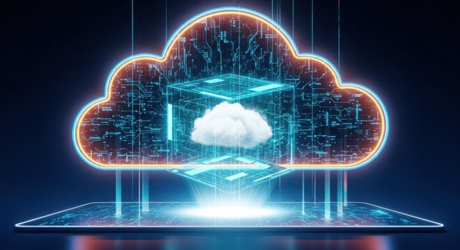 Secure cloud computing network system with glowing digital data connection illustration