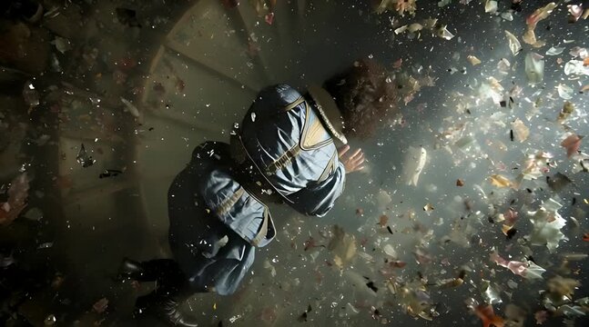 Surreal underwater view of man in 17th century Elizabethan costume floating weightless among flower petals and debris