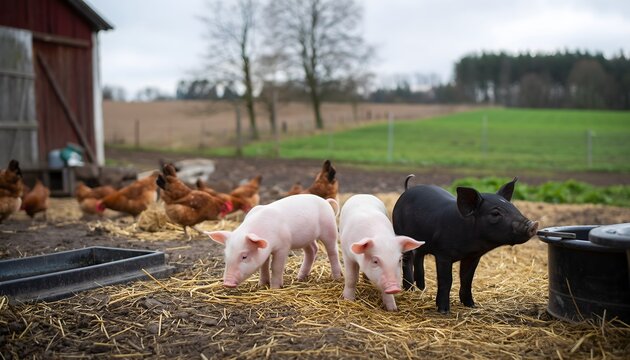 Three Young Pigs in Farm Environment with Chickens Near Red Barn