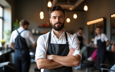 Self assured adult bearded male hairstylist in apron looking at camera with folded arms in barbershop. High quality