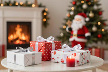 Beautifully wrapped Christmas gifts and candle on table, warm fireplace and festive tree in background, creating a cozy holiday celebration scene