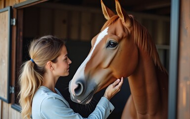 Woman feeding horse in stable with care and attention. High quality