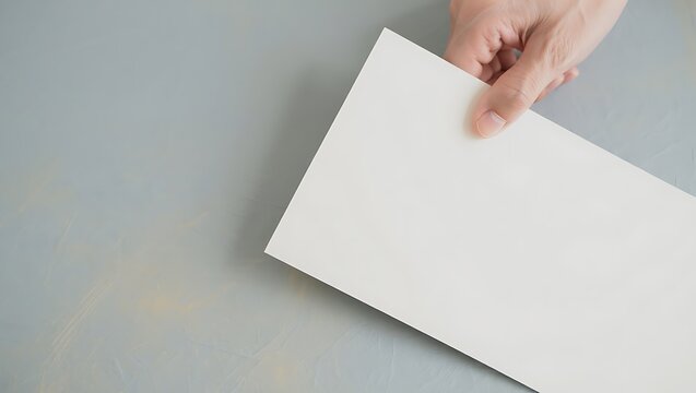 Hand holding a blank white card on a gray background mock up