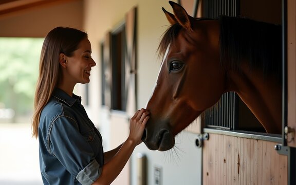 Woman feeding horse in stable with care and attention. High quality