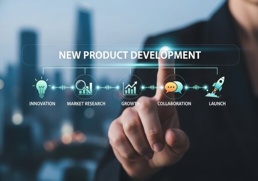 Businessman interacting with new product development process hologram