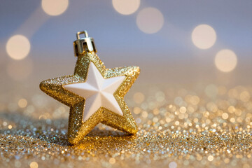 Close-up of a shimmering gold star decoration on a bed of glitter, bathed in soft bokeh, evoking a comfortable and magical holiday spirit