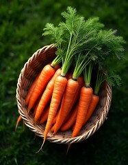 Freshly Harvested Carrots in a Woven Basket on Green Grass