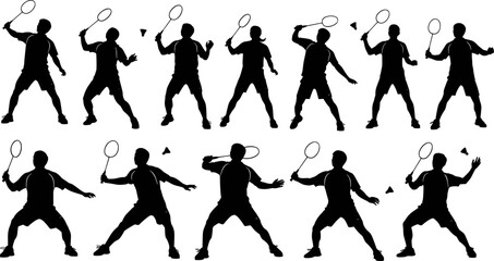 Badminton Player Silhouette Vector Illustration Set, Dynamic Athlete Poses with Rackets and Shuttlecocks, Practicing Various Shots, Isolated Black Graphic Icons for Sport Design Content