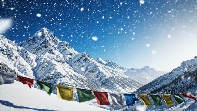 Winter Carnival Manali, snowy mountains, falling snow particles, festive flags waving