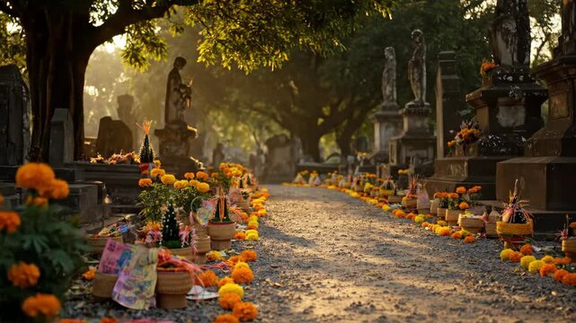 Cemetery pathway decorated with flowers for a special occasion