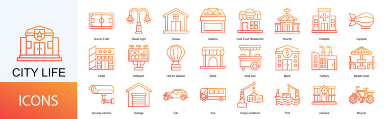 City Life icon collection set. Containing Soccer Field, Street Light, House, Fast Food Restaurant, Church, Hospital, icon. © Icon 5