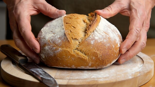 Hands presenting rustic sourdough bread loaf freshly baked and displayed beautifully