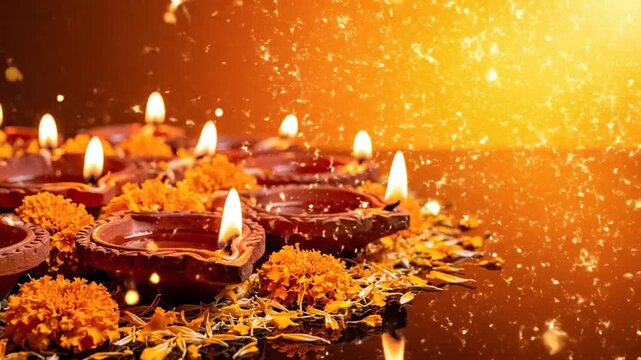 Diwali of Kumaon banner video, Warm orange&ndash;gold gradient, glowing lamps (diyas) arranged in patterns