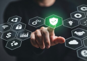Person interacting with digital security and technology icons