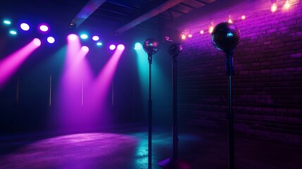 A vibrant stage set with disco balls and colorful spotlights creating a retro vibe
