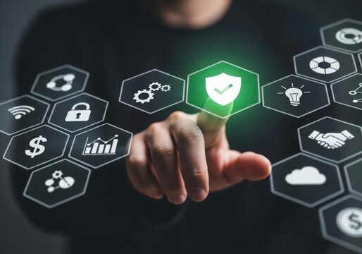 Person interacting with digital security and technology icons
