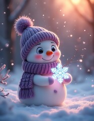 Smiling Snowman with Purple Hat and Glowing Snowflake in Snowy Scene