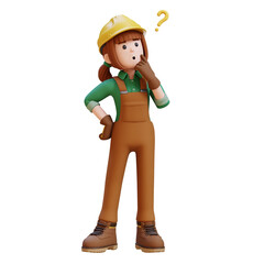 Female Handywoman Construction Worker thinking with question mark.