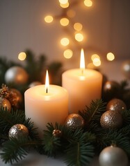 Warm Christmas Candles and Festive Ornaments with Bokeh Lights