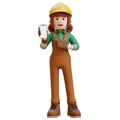 Female Handywoman Construction Worker pointing at a blank smartphone