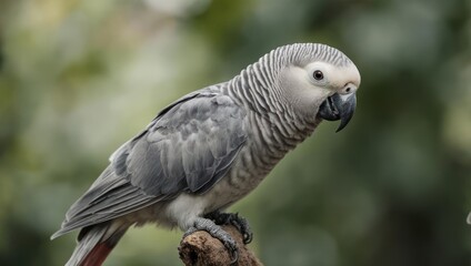 African Grey Parrot Perched on Branch in Natural Setting.
